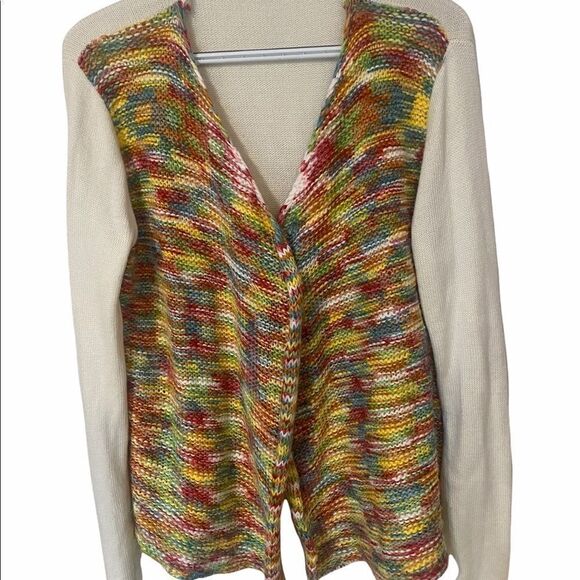 Tulle Open Sweater Tight knit Cream sides & back Colorful loose knit Front • Med - Picture 2 of 12